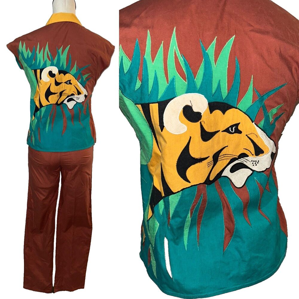 Esprit Women’s Vintage 1970s 2Pc Large Back Tiger Patch Pant Suit Size S